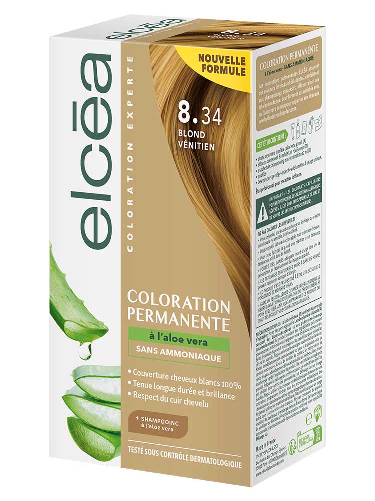 Elcéa Coloration Permanente à l'Aloe Vera Sans Ammoniaque 122 ml - Coloration : 8.34 Blond Vénitien